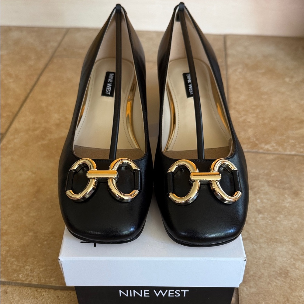 Nine West Black Heels with Gold Horse Bit Buckle Detail